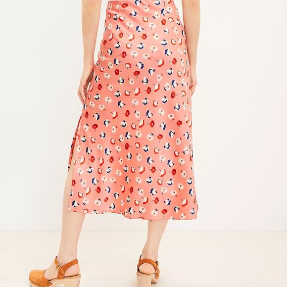LOFT Daisy Floral Satin Midi Slip Skirt Coral Orange Side Slit NWT M - Picture 16 of 16